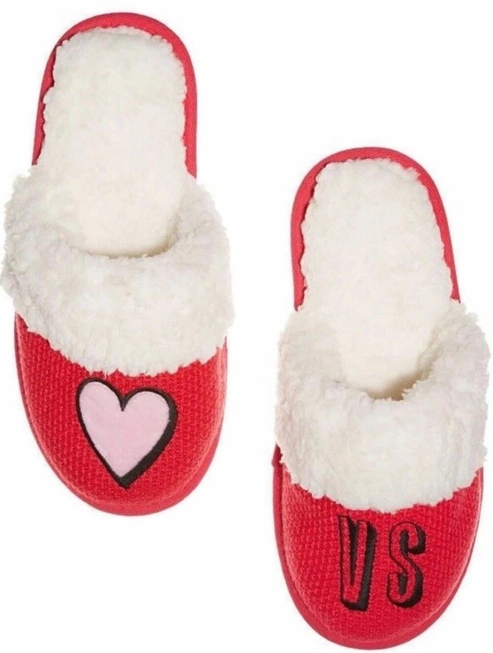 Victoria’s Secret Cozy Embroidered Scuff Slippers Faux Fur Trim Red Size L NWT!
